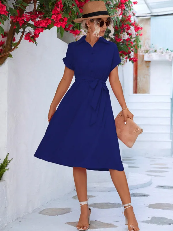 Button-Up Shirt Dress with Waist Tie and Collared Neckline