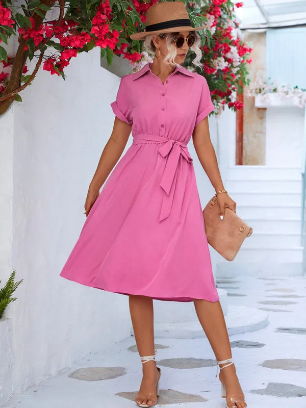 Button-Up Shirt Dress with Waist Tie and Collared Neckline