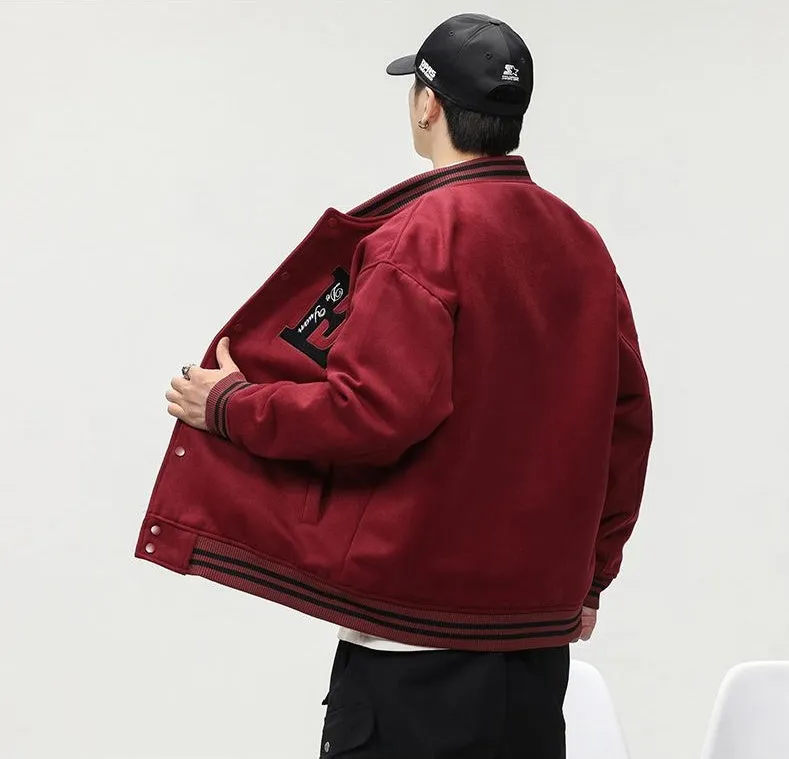 Button-up Varsity Jacket for Men with Unique Embroidery and Elastic Cuffs