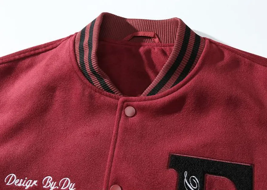 Button-up Varsity Jacket for Men with Unique Embroidery and Elastic Cuffs