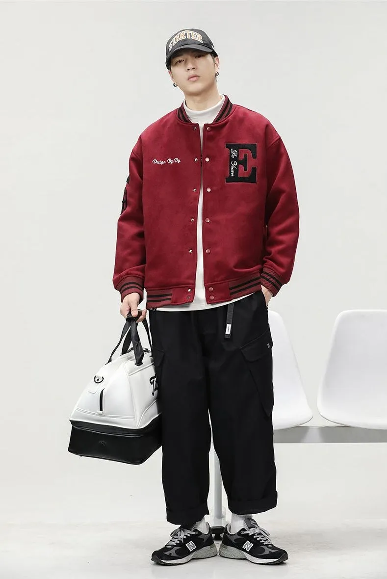Button-up Varsity Jacket for Men with Unique Embroidery and Elastic Cuffs