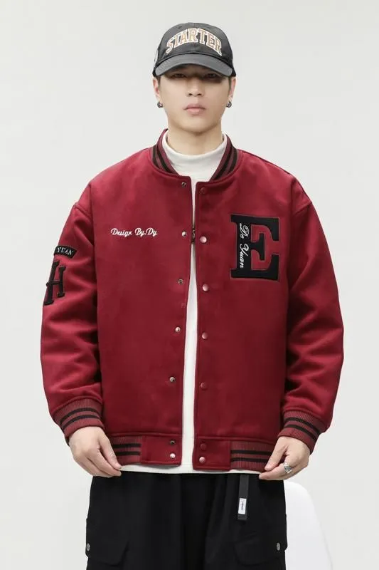 Button-up Varsity Jacket for Men with Unique Embroidery and Elastic Cuffs
