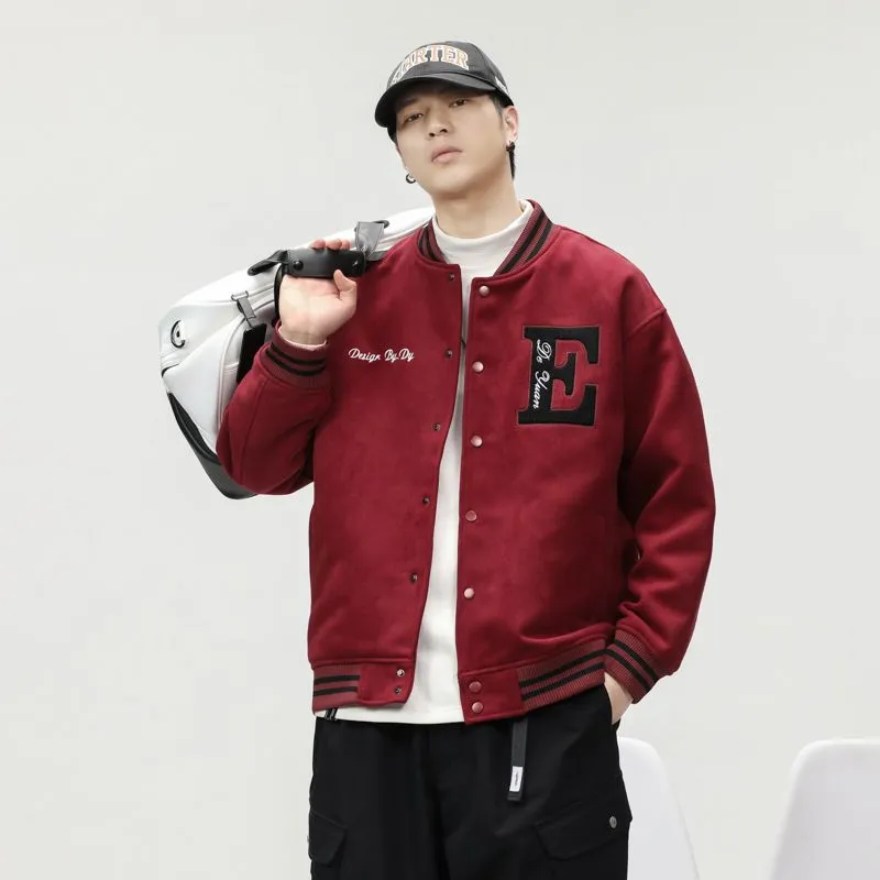 Button-up Varsity Jacket for Men with Unique Embroidery and Elastic Cuffs
