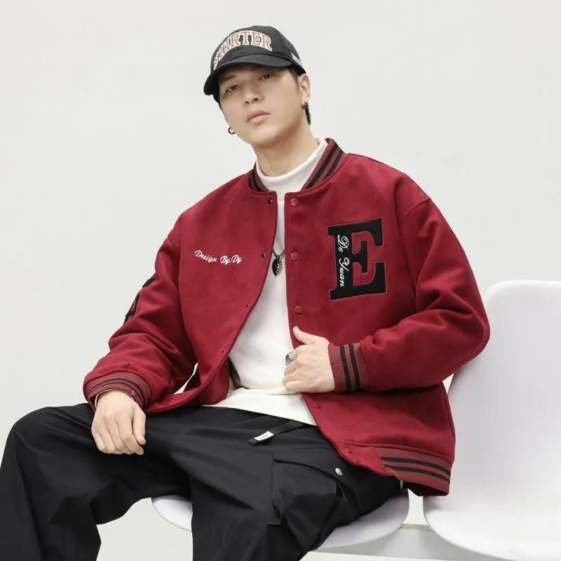 Button-up Varsity Jacket for Men with Unique Embroidery and Elastic Cuffs