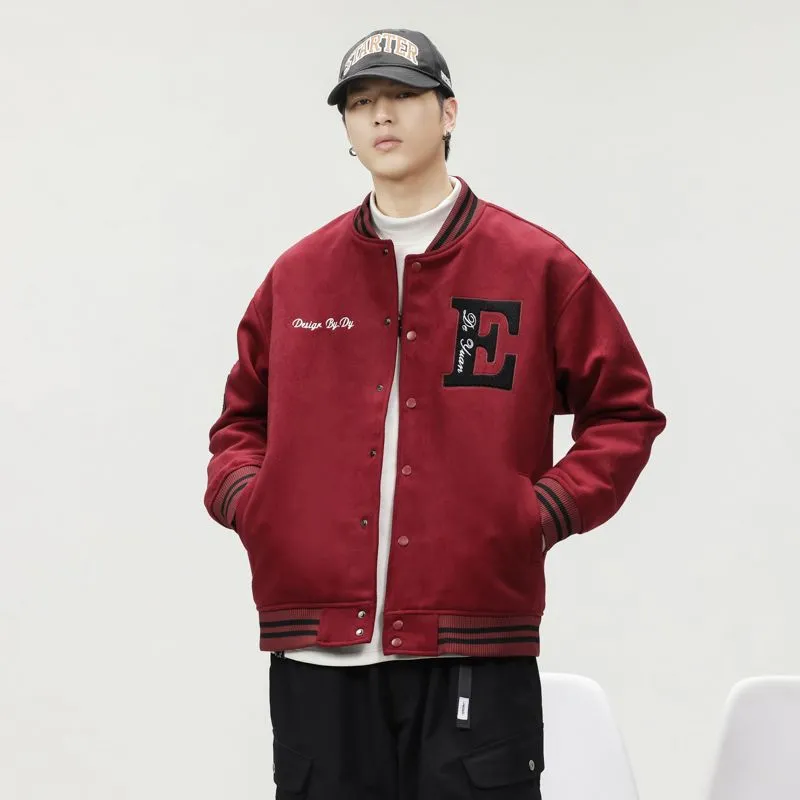 Button-up Varsity Jacket for Men with Unique Embroidery and Elastic Cuffs