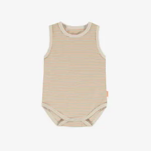 Cache-couche camisole rayé orange et vert en jersey extensible, bébé || Orange and green striped bodysuit with straps in stretch jersey, baby