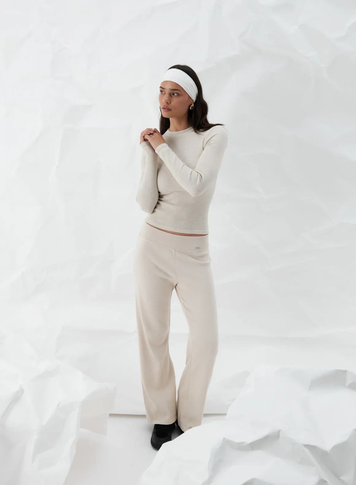 Café Au Lait Ribbed Wool Wide Pants