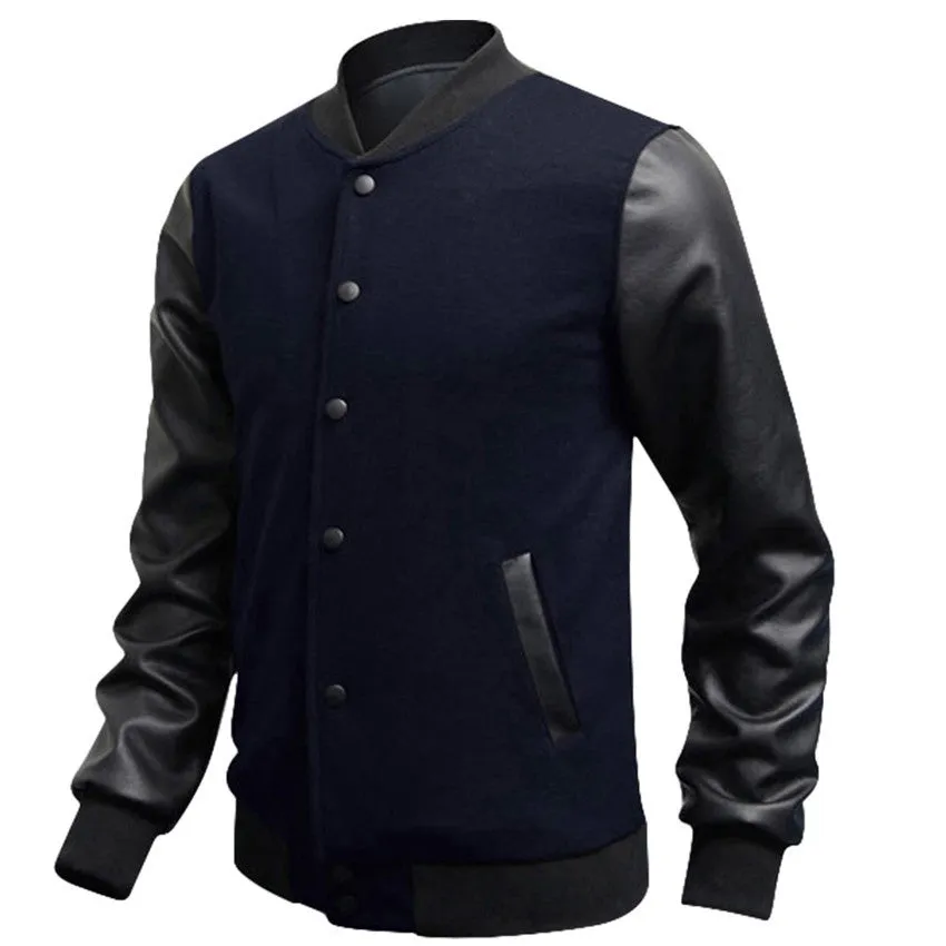 Casual Mens Coat Baseball Jackets PU Leather Sleeve Jacket Men Bomber Slim Fit