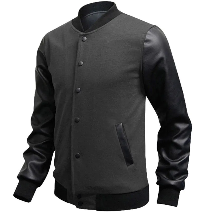Casual Mens Coat Baseball Jackets PU Leather Sleeve Jacket Men Bomber Slim Fit