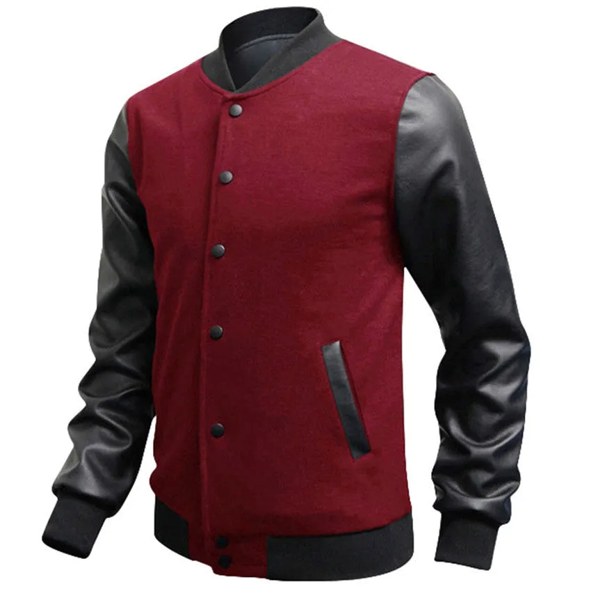 Casual Mens Coat Baseball Jackets PU Leather Sleeve Jacket Men Bomber Slim Fit