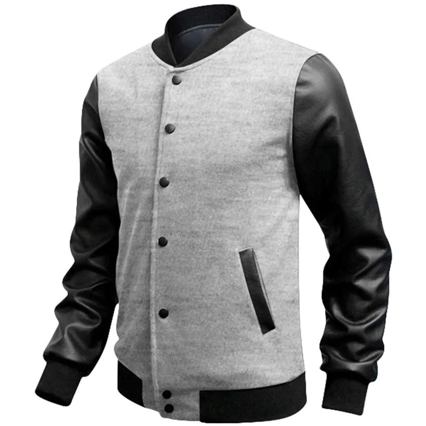 Casual Mens Coat Baseball Jackets PU Leather Sleeve Jacket Men Bomber Slim Fit