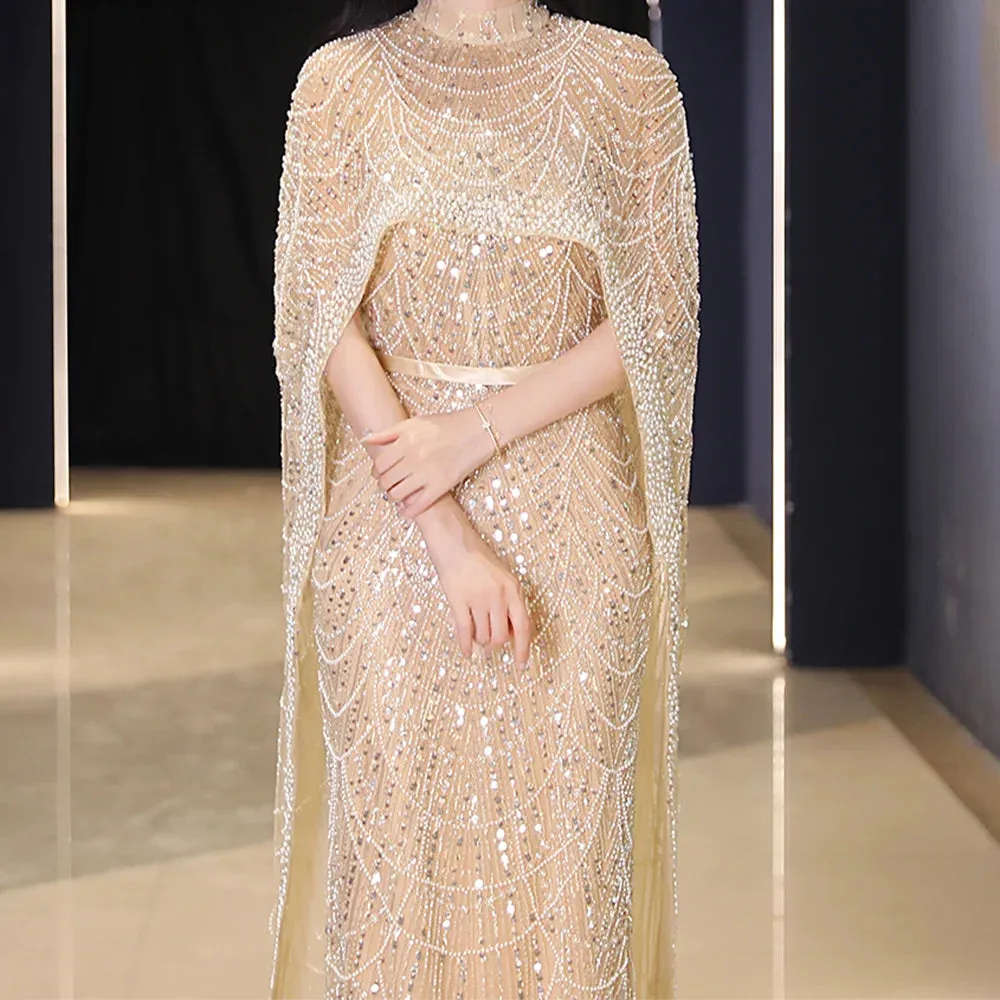 Champagne  Heavy Pearls with Cape Evening Dress