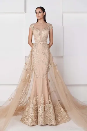 Champagne Muslim Evening Dresses Mermaid Cap Sleeves Tulle Appliques Islamic Dubai Saudi Arabic Long Evening Gown Prom Dress