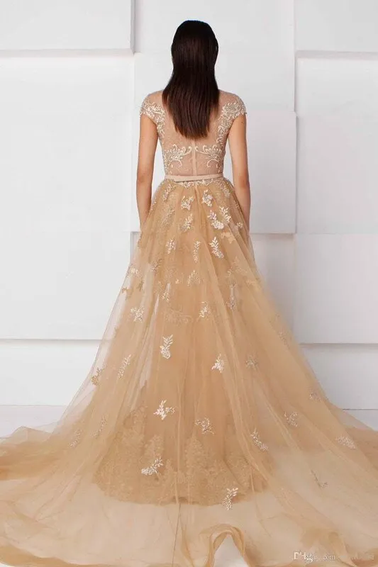 Champagne Muslim Evening Dresses Mermaid Cap Sleeves Tulle Appliques Islamic Dubai Saudi Arabic Long Evening Gown Prom Dress