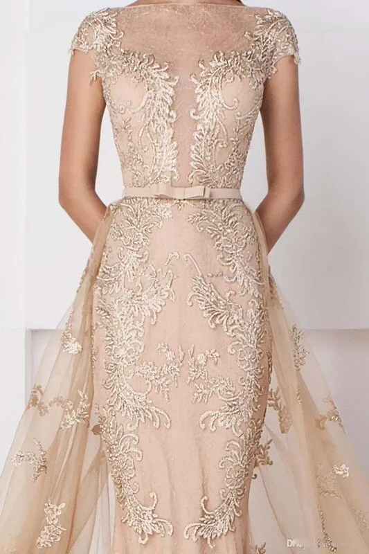 Champagne Muslim Evening Dresses Mermaid Cap Sleeves Tulle Appliques Islamic Dubai Saudi Arabic Long Evening Gown Prom Dress
