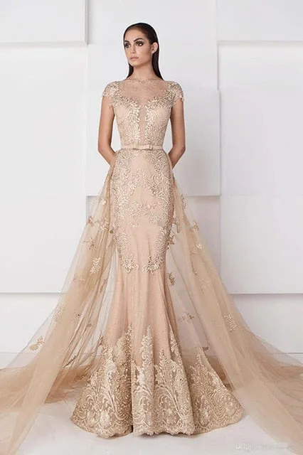 Champagne Muslim Evening Dresses Mermaid Cap Sleeves Tulle Appliques Islamic Dubai Saudi Arabic Long Evening Gown Prom Dress