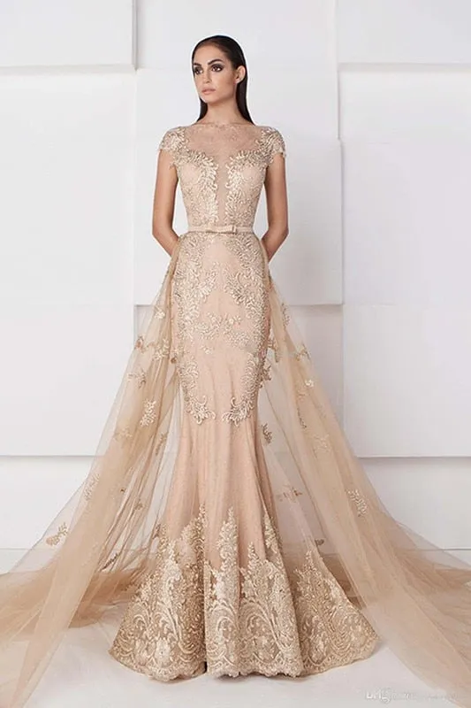 Champagne Muslim Evening Dresses Mermaid Cap Sleeves Tulle Appliques Islamic Dubai Saudi Arabic Long Evening Gown Prom Dress