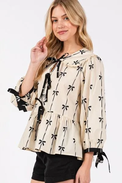 Chic Bow Print Tie Front Babydoll Cream Blouse You'll Love Wearing