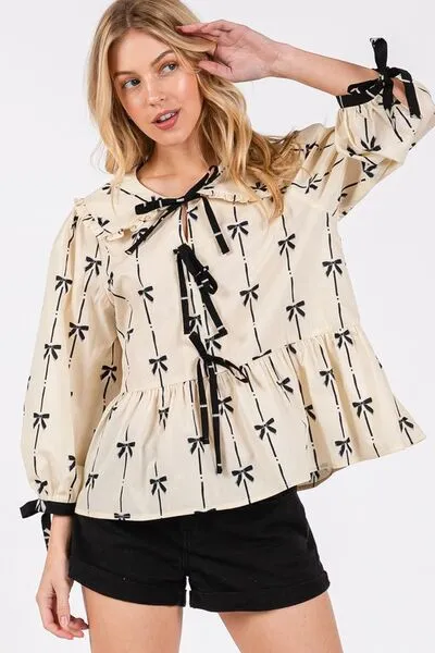 Chic Bow Print Tie Front Babydoll Cream Blouse You'll Love Wearing