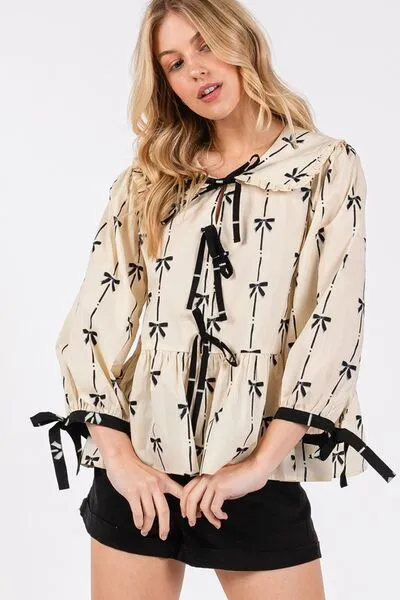 Chic Bow Print Tie Front Babydoll Cream Blouse You'll Love Wearing