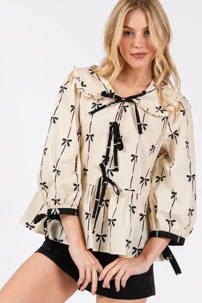 Chic Bow Print Tie Front Babydoll Cream Blouse You'll Love Wearing
