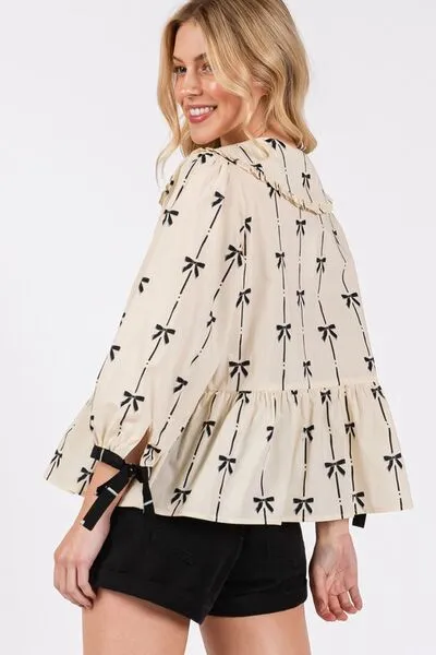 Chic Bow Print Tie Front Babydoll Cream Blouse You'll Love Wearing