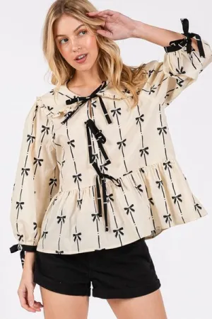 Chic Bow Print Tie Front Babydoll Cream Blouse You'll Love Wearing