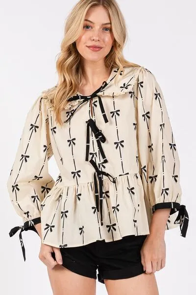 Chic Bow Print Tie Front Babydoll Cream Blouse You'll Love Wearing
