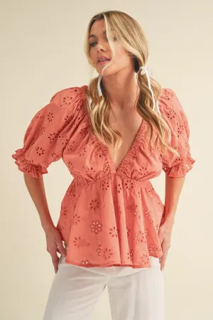 Chic Eyelet Embroidered Peplum Blouse in Coral