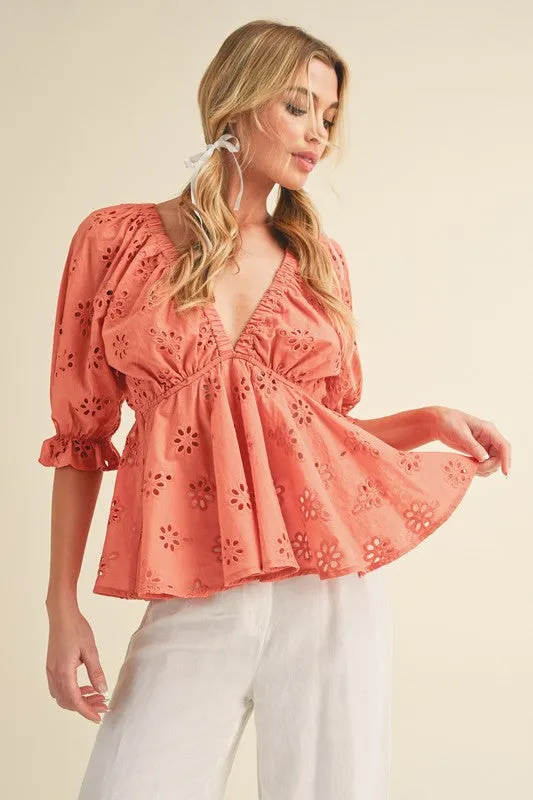 Chic Eyelet Embroidered Peplum Blouse in Coral