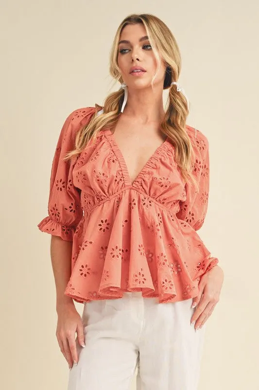 Chic Eyelet Embroidered Peplum Blouse in Coral