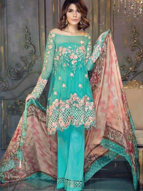 Chiffon dress by ayra from the house of Maria B in aqua green and pink color Model# C 567