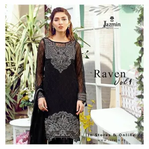 Chiffon dress by jazmin in pure black color with threds and silver tila embroidery Model # C 566