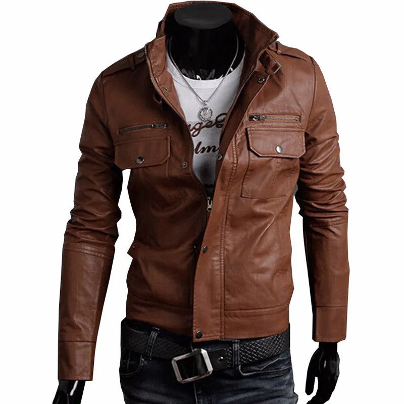 Classic Style Motorcycling PU Leather Jackets Men Slim Male Motor Jacket Men's Clothes MWP148