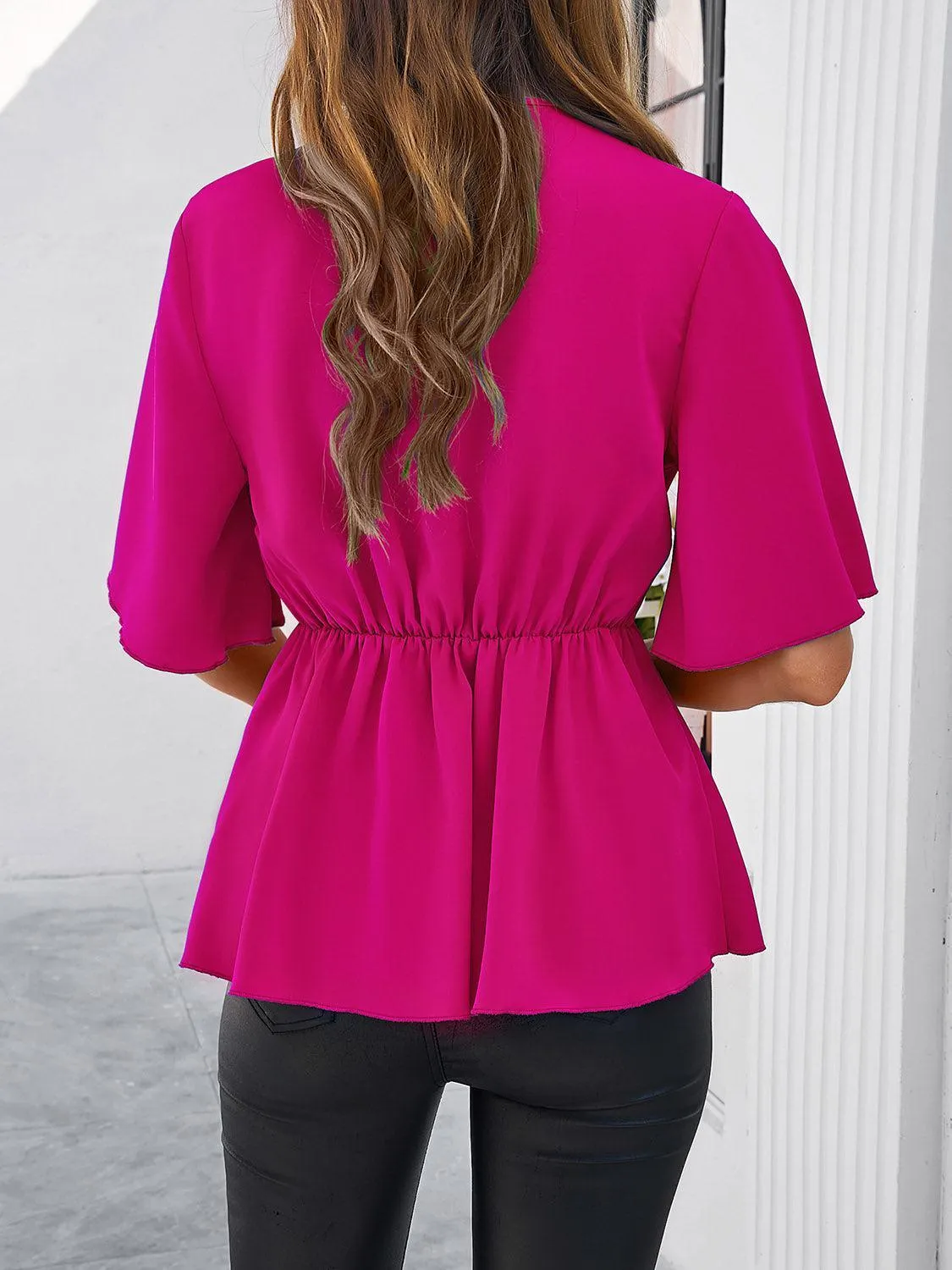 Classy Casual Tie Waist Half Sleeve Peplum Blouse