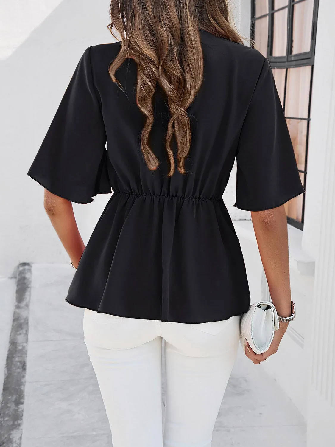 Classy Casual Tie Waist Half Sleeve Peplum Blouse