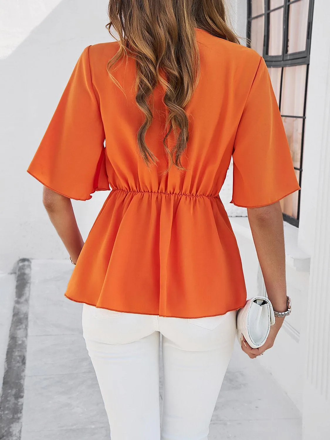 Classy Casual Tie Waist Half Sleeve Peplum Blouse