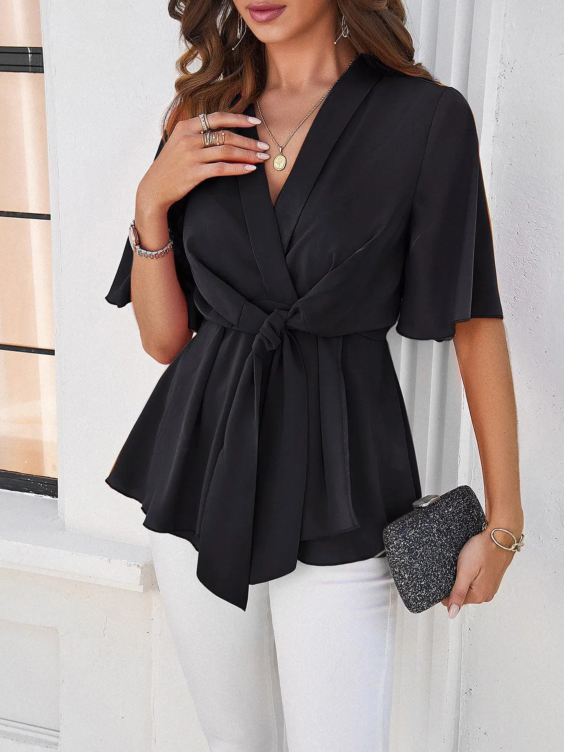 Classy Casual Tie Waist Half Sleeve Peplum Blouse