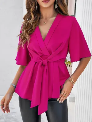 Classy Casual Tie Waist Half Sleeve Peplum Blouse