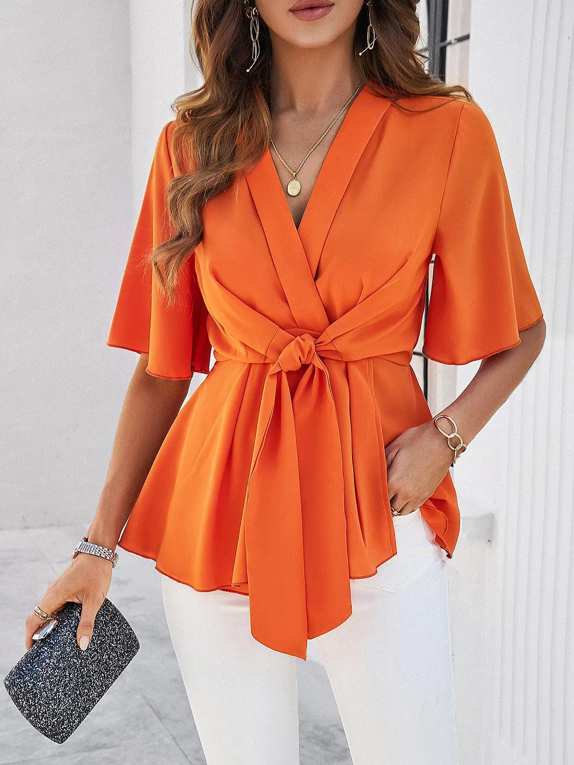 Classy Casual Tie Waist Half Sleeve Peplum Blouse