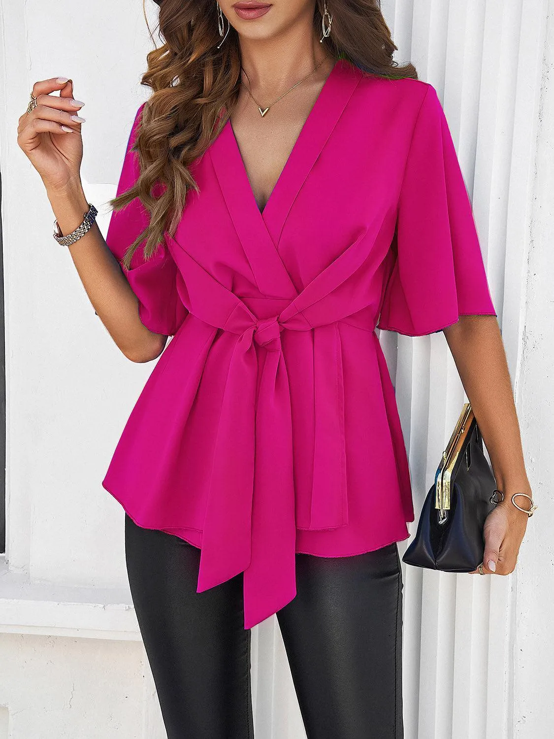 Classy Casual Tie Waist Half Sleeve Peplum Blouse