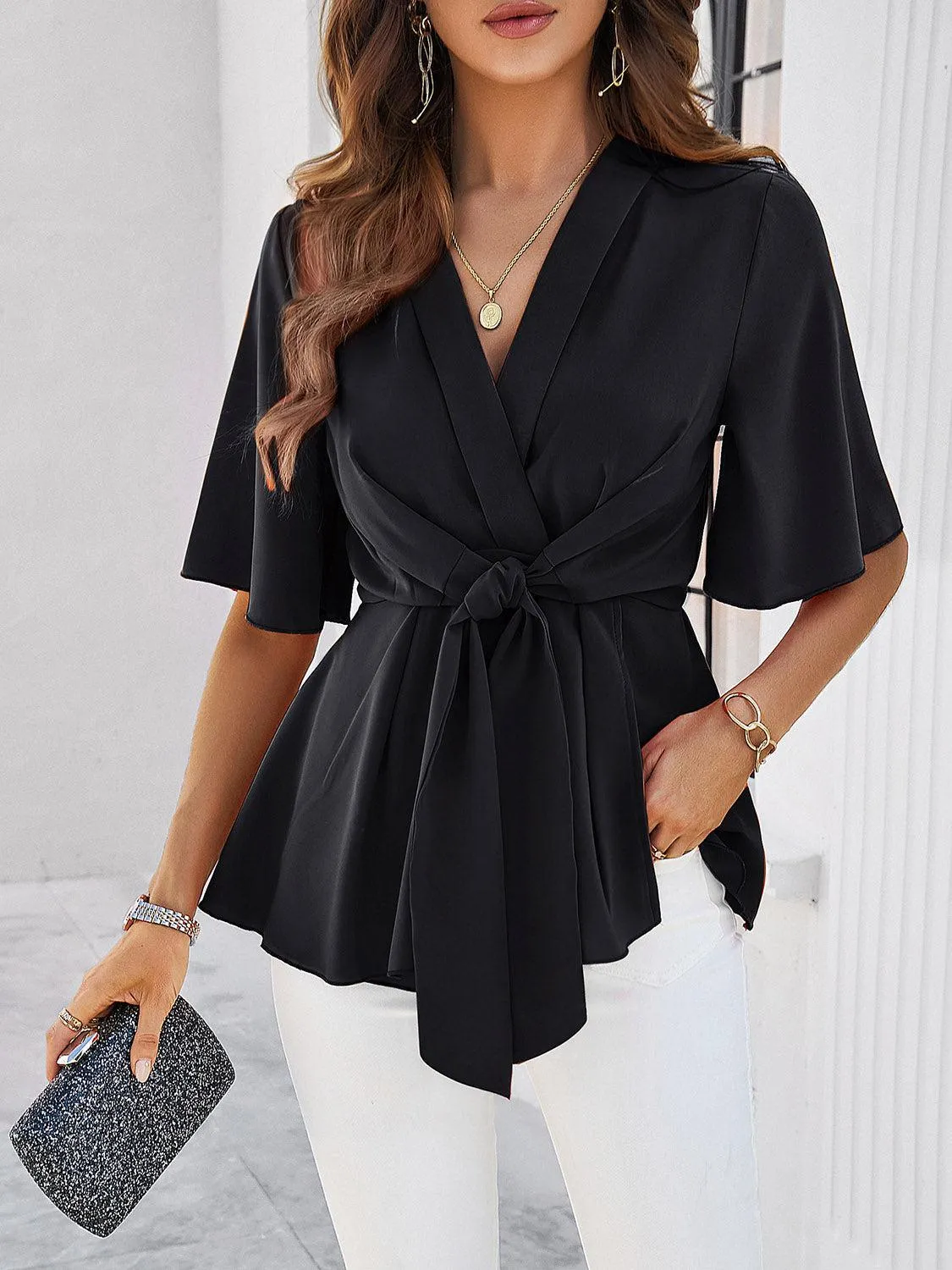 Classy Casual Tie Waist Half Sleeve Peplum Blouse