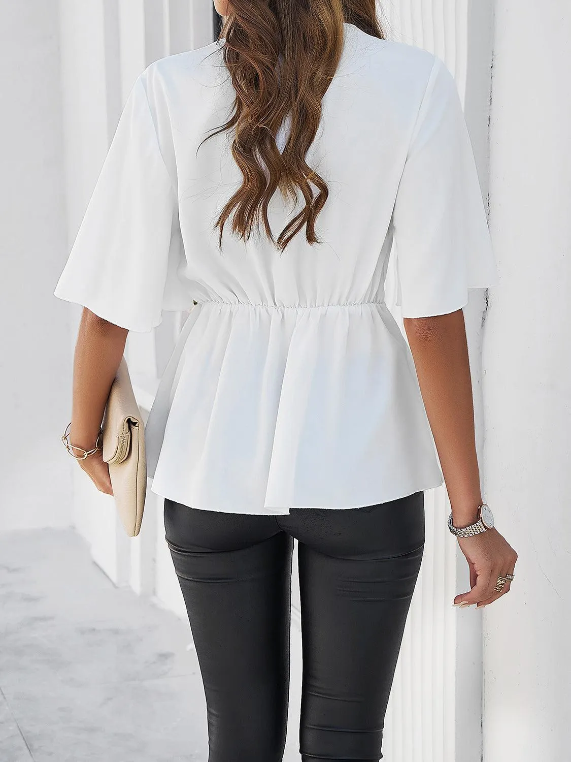 Classy Casual Tie Waist Half Sleeve Peplum Blouse