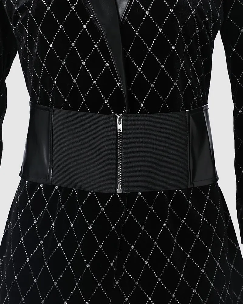 Colorblock Glitter PU Leather Blazer Dress