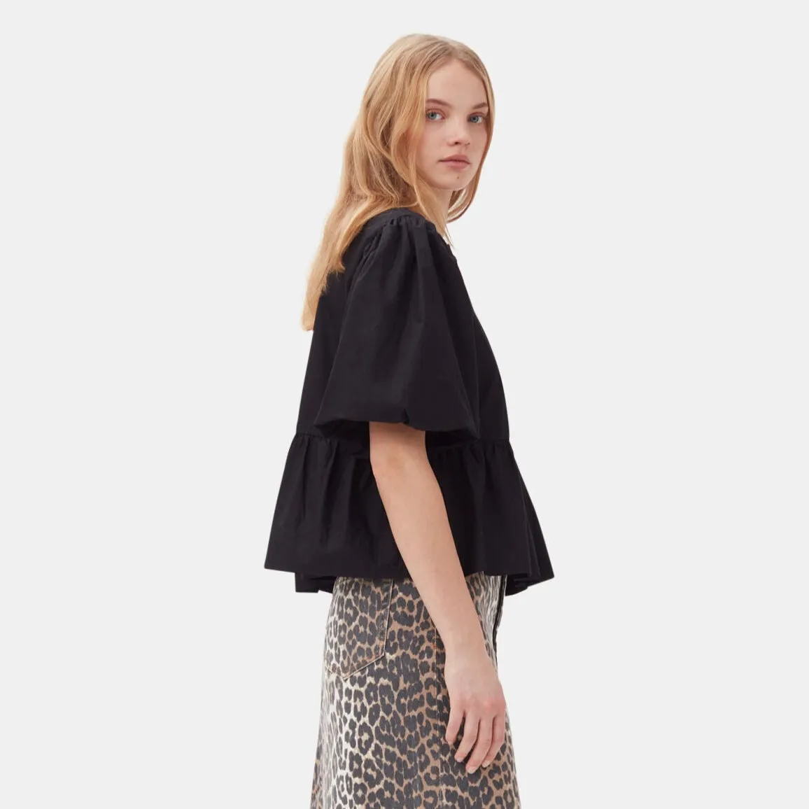COTTON POPLIN PEPLUM TIE BLOUSE | BLACK