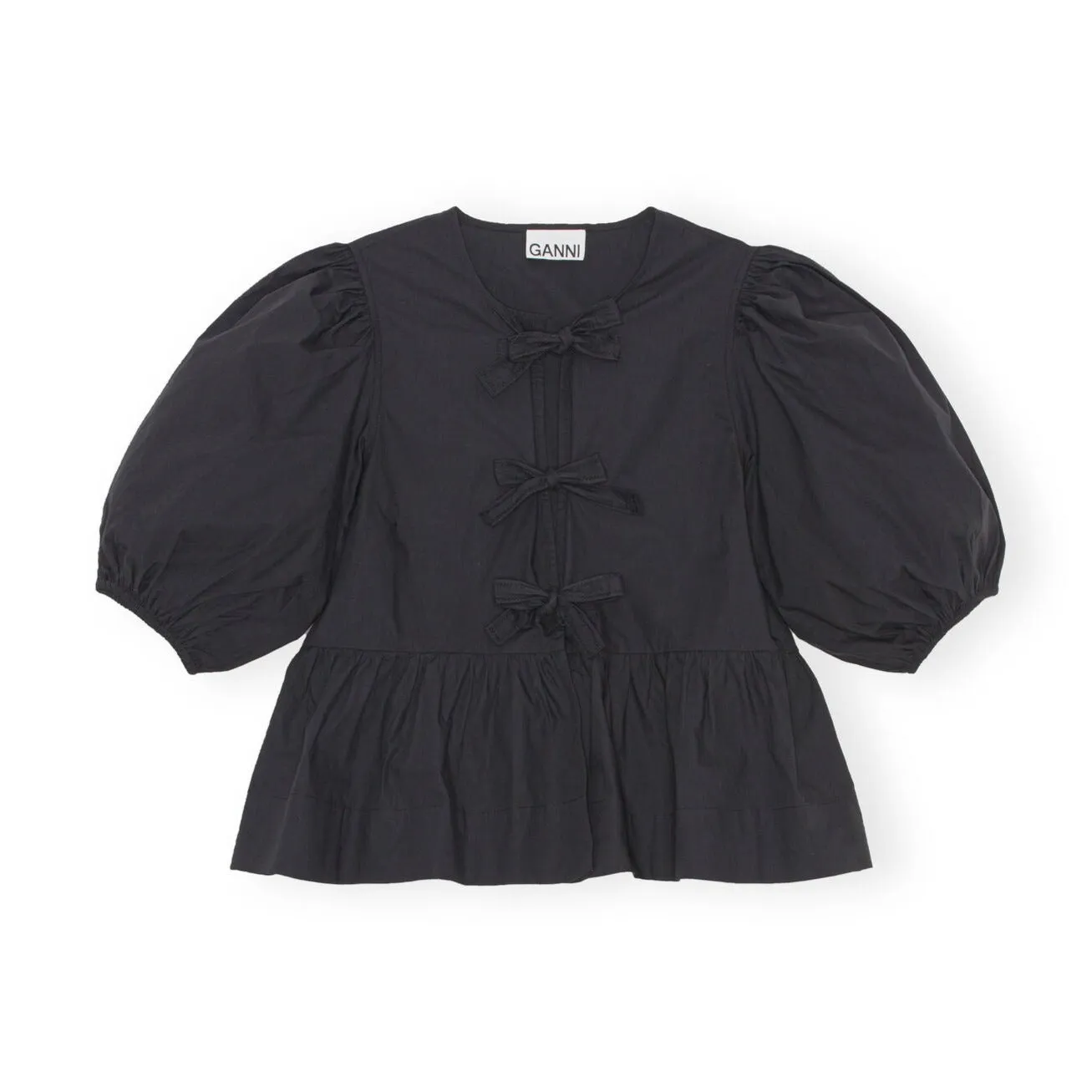 COTTON POPLIN PEPLUM TIE BLOUSE | BLACK