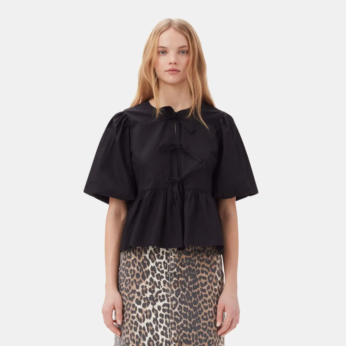 COTTON POPLIN PEPLUM TIE BLOUSE | BLACK