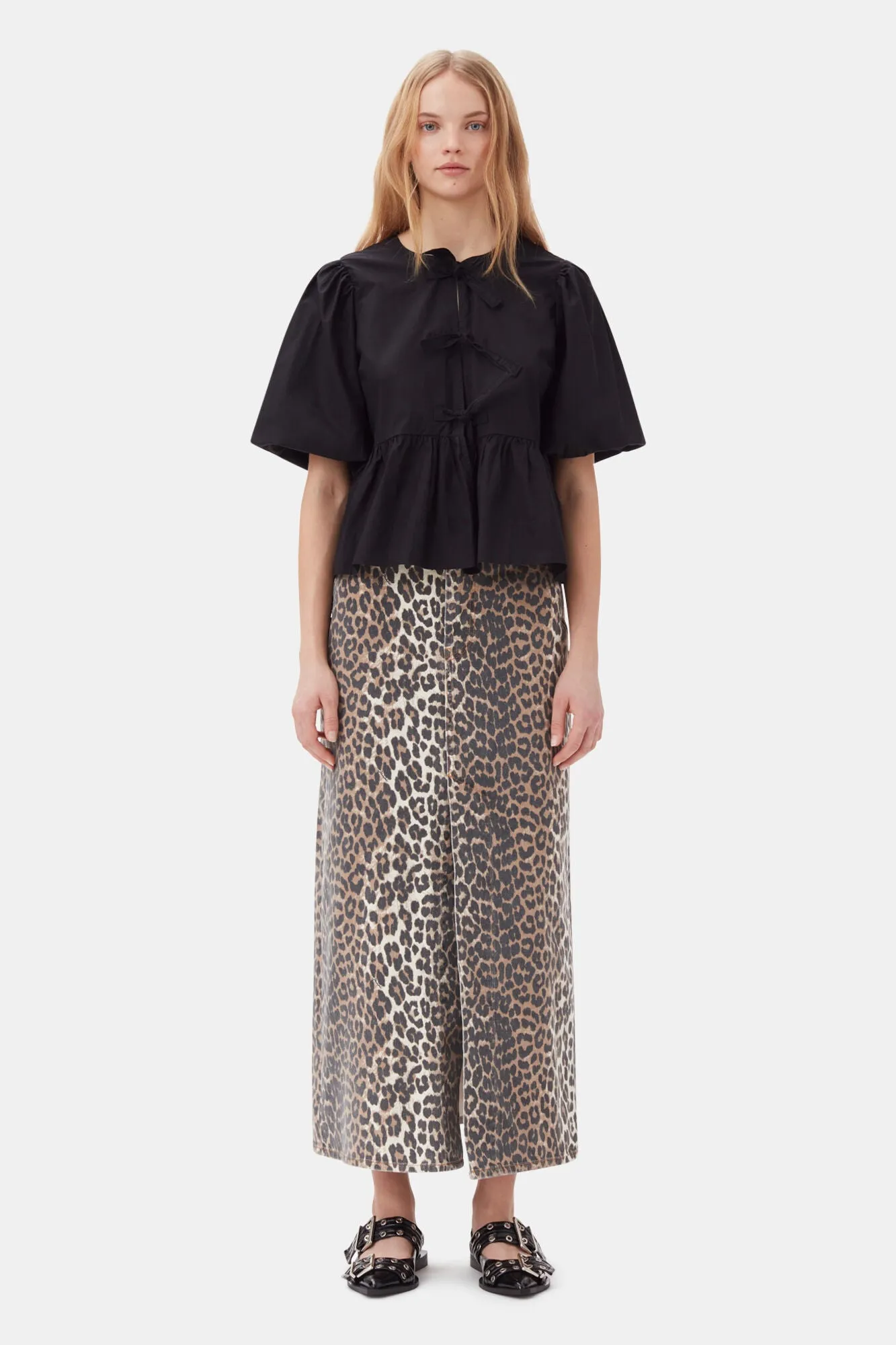COTTON POPLIN PEPLUM TIE BLOUSE | BLACK