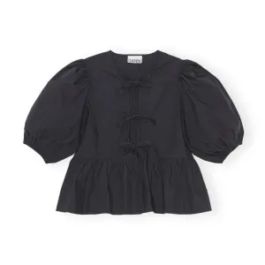 COTTON POPLIN PEPLUM TIE BLOUSE | BLACK