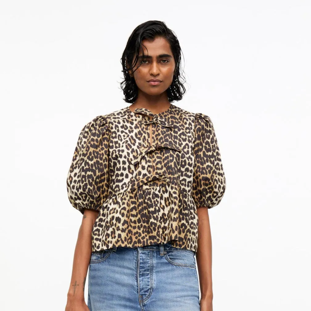 COTTON POPLIN PEPLUM TIE BLOUSE | LEOPARD